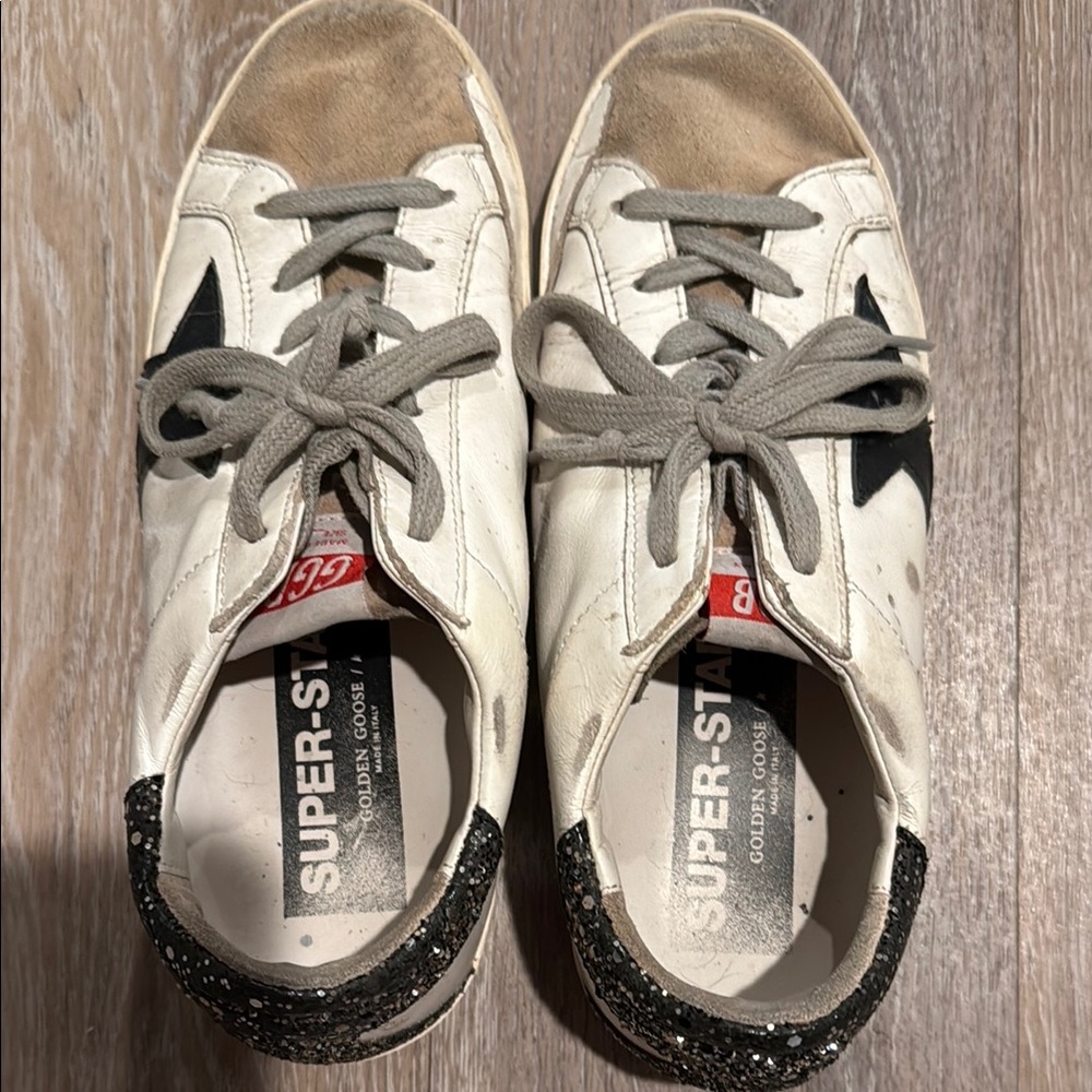Golden Goose White and Black Sneakers with Glitter Heel